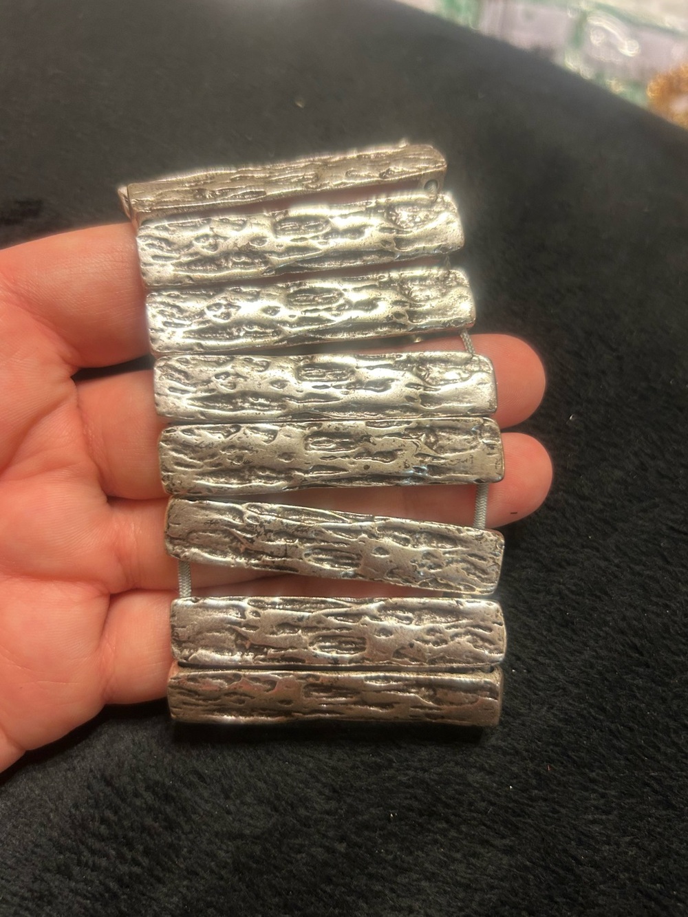 Silver Tone Hammered Bar Stretch Cuff Bracelet Rustic Statement Jewelry